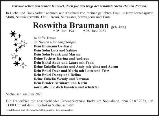 Traueranzeige von Roswitha Braumann von Volksstimme Oschersleben/Wanzleben