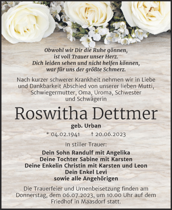 Traueranzeige von Roswitha Dettmer von Trauerkombi Köthen