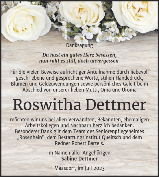 Traueranzeige von Roswitha Dettmer von Trauerkombi Köthen