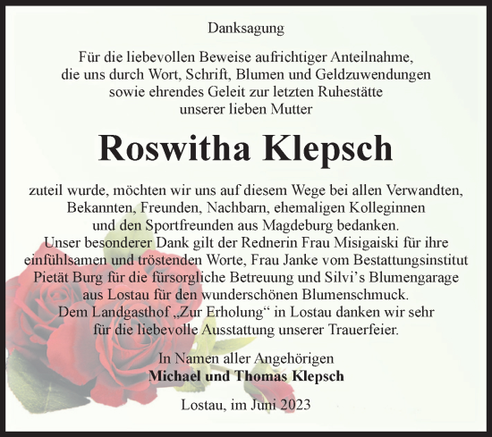 Traueranzeige von Roswitha Klepsch von Volksstimme Burg/Genthin