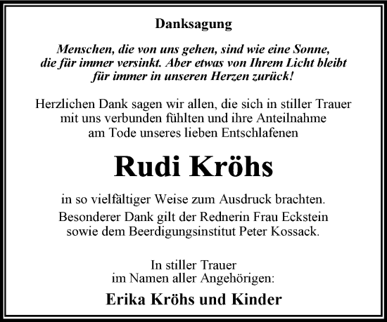 Traueranzeige von Rudi Kröhs von Trauerkombi Wittenberg