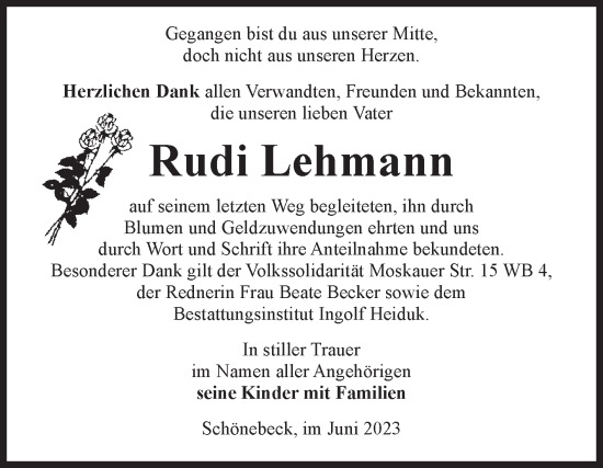 Traueranzeige von Rudi Lehmann von Volksstimme Schönebeck