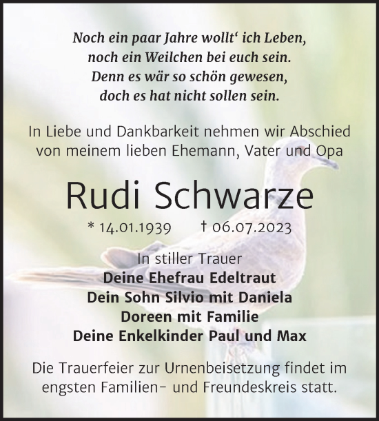 Traueranzeige von Rudi Schwarze von Trauerkombi Weißenfels