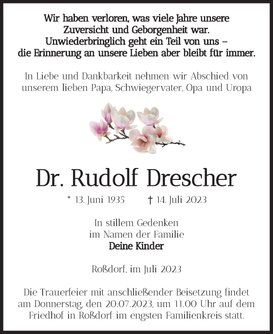 Traueranzeige von Rudolf Drescher von Volksstimme Burg/Genthin