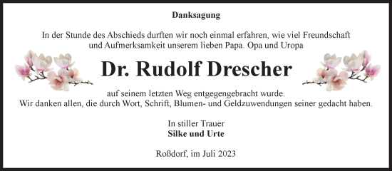 Traueranzeige von Rudolf Drescher von Volksstimme Burg/Genthin