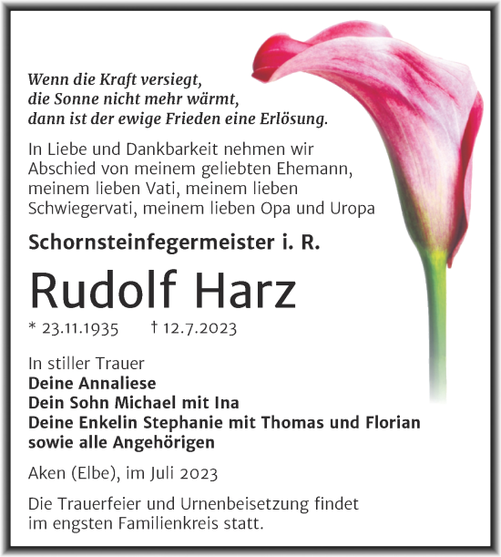 Traueranzeige von Rudolf Harz von Trauerkombi Köthen