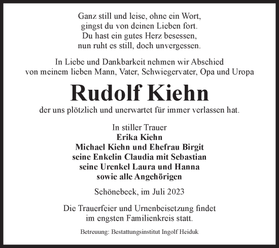 Traueranzeige von Rudolf Kiehn von Volksstimme Schönebeck