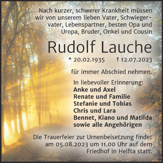 Traueranzeige von Rudolf Lauche von Trauerkombi Mansfelder Land