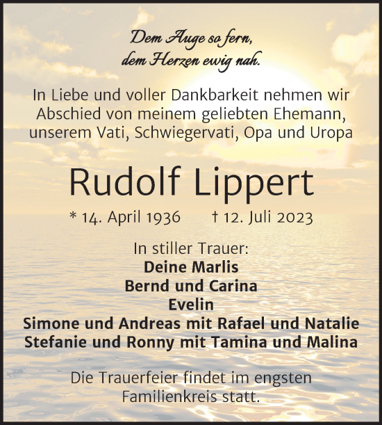 Traueranzeige von Rudolf Lippert von Mitteldeutsche Zeitung Halle/Saalkreis