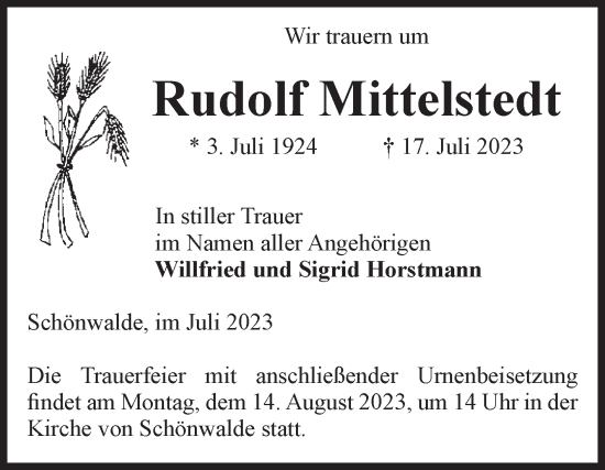 Traueranzeige von Rudolf Mittelstedt von Volksstimme Altmark Ost