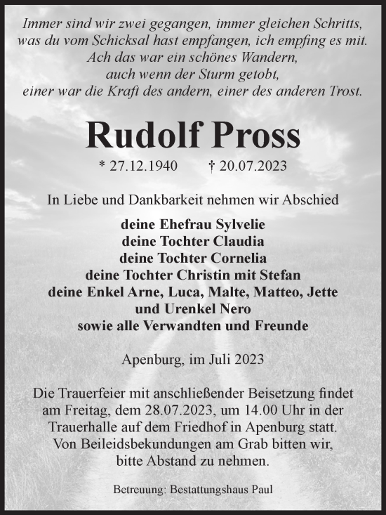 Traueranzeige von Rudolf Pross von Volksstimme Altmark West