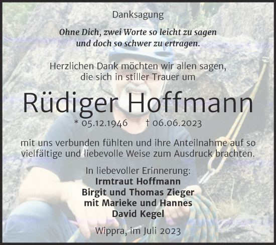 Traueranzeige von Rüdiger Hoffmann von Mitteldeutsche Zeitung Mansfelder Land