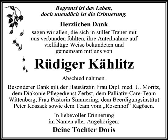 Traueranzeige von Rüdiger Kählitz von Trauerkombi Dessau