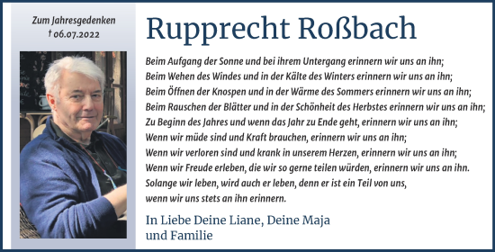 Traueranzeige von Rupprecht Roßbach von Trauerkombi Sangerhausen