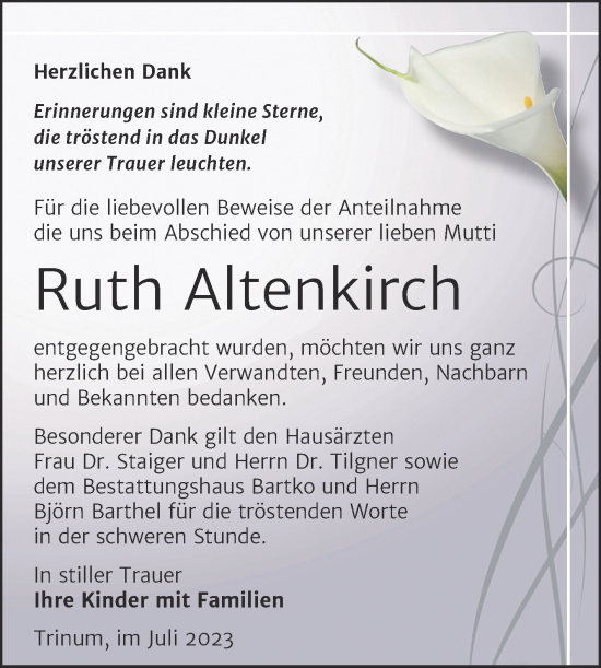 Traueranzeige von Ruth Altenkirch von Trauerkombi Köthen