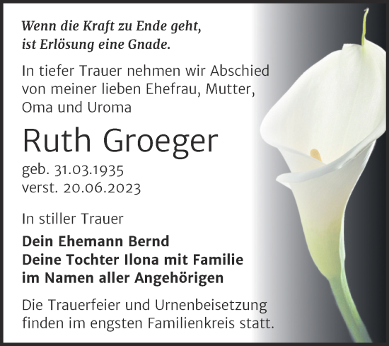 Traueranzeige von Ruth Groeger von Trauerkombi Wittenberg