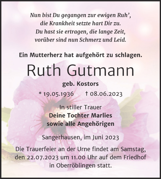 Traueranzeige von Ruth Gutmann von Trauerkombi Sangerhausen