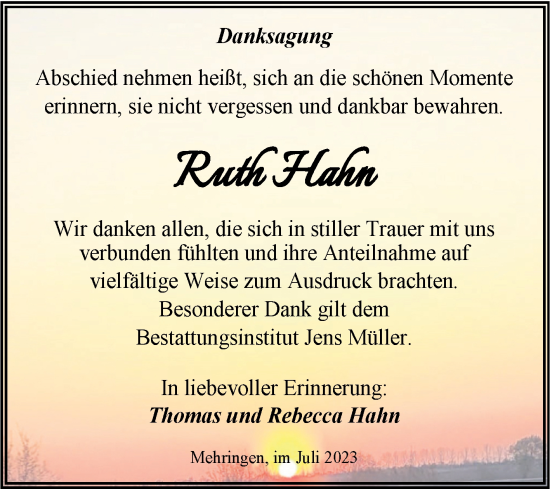 Traueranzeige von Ruth Hahn von Trauerkombi Aschersleben