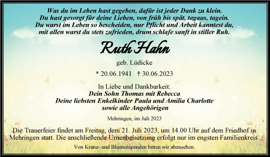 Traueranzeige von Ruth Hahn von Trauerkombi Aschersleben