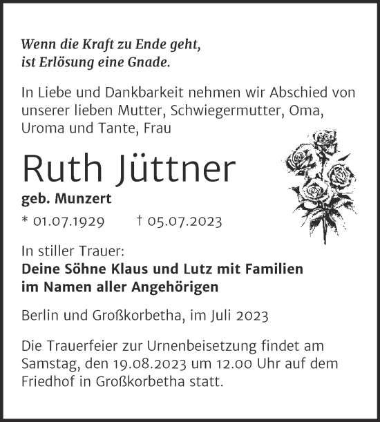 Traueranzeige von Ruth Jüttner von Trauerkombi Weißenfels