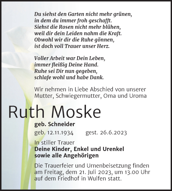 Traueranzeige von Ruth Moske von Trauerkombi Köthen