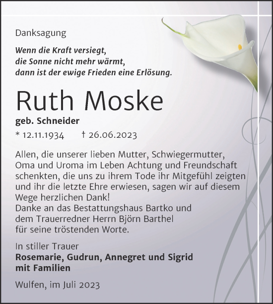 Traueranzeige von Ruth Moske von Trauerkombi Köthen
