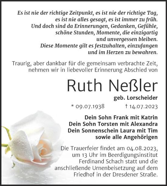 Traueranzeige von Ruth Neßler von Trauerkombi Wittenberg