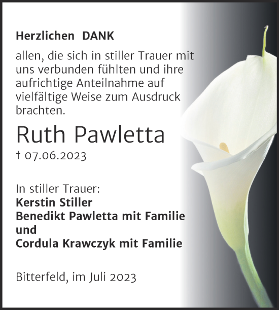 Traueranzeige von Ruth Pawletta von Trauerkombi Bitterfeld