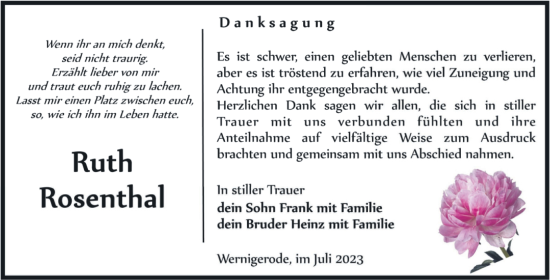 Traueranzeige von Ruth Rosenthal von Volksstimme Wernigerode
