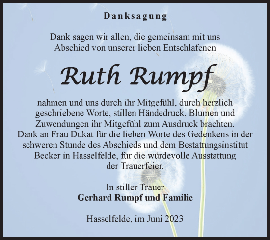 Traueranzeige von Ruth Rumpf von Volksstimme Wernigerode