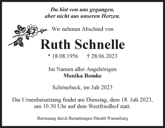 Traueranzeige von Ruth Schnelle von Volksstimme Schönebeck