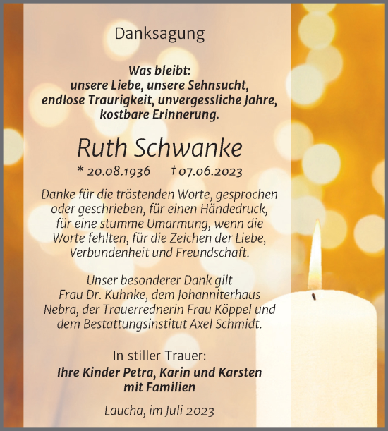 Traueranzeige von Ruth Schwanke von Wochenspiegel Naumburg/Nebra