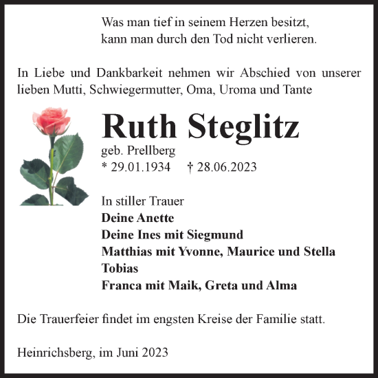 Traueranzeige von Ruth Steglitz von Volksstimme Haldensleben/Wolmirstedt