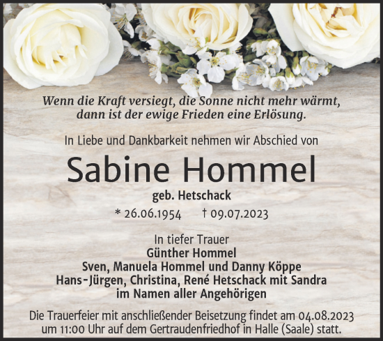 Traueranzeige von Sabine Hommel von Mitteldeutsche Zeitung Halle/Saalkreis