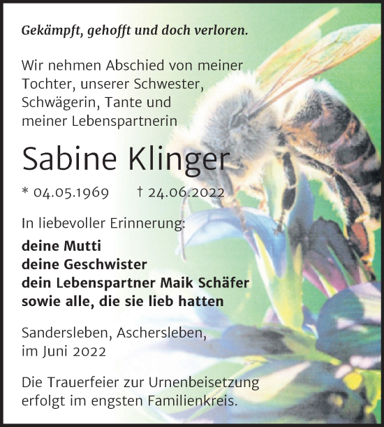 Traueranzeige von Sabine Klinger von Trauerkombi Mansfelder Land