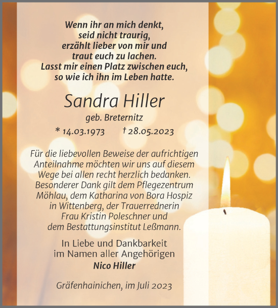 Traueranzeige von Sandra Hiller von Trauerkombi Wittenberg