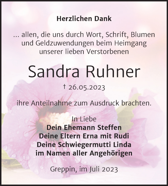 Traueranzeige von Sandra Ruhner von Trauerkombi Bitterfeld