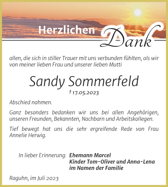 Traueranzeige von Sandy Sommerfeld von Trauerkombi Bitterfeld