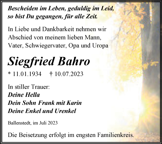 Traueranzeige von Siegfried Bahro von Trauerkombi Aschersleben