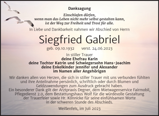 Traueranzeige von Siegfried Gabriel von Trauerkombi Weißenfels