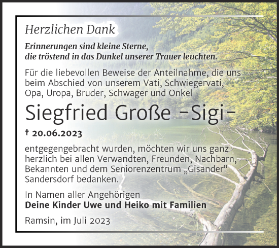 Traueranzeige von Siegfried Große von Trauerkombi Bitterfeld