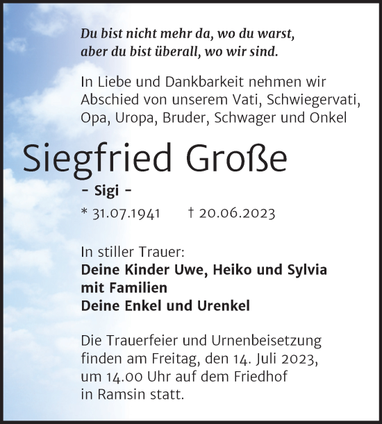 Traueranzeige von Siegfried Große von Trauerkombi Bitterfeld