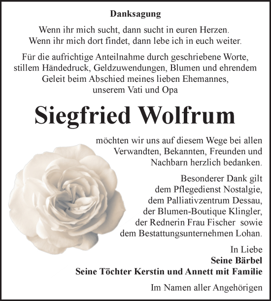 Traueranzeige von Siegfried Wolfrum von Trauerkombi Bitterfeld