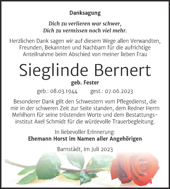 Traueranzeige von Sieglinde Bernert von Mitteldeutsche Zeitung Merseburg/Querfurt