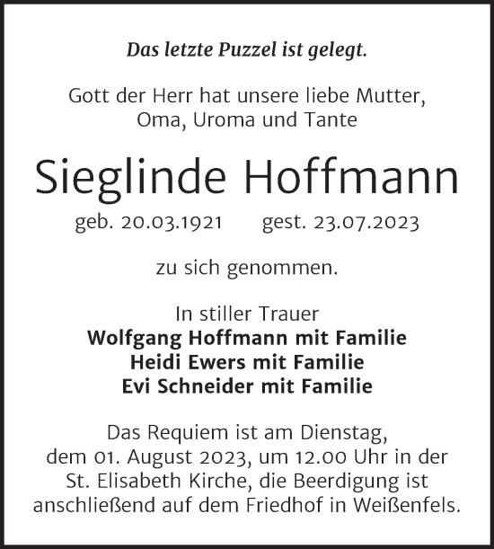 Traueranzeige von Sieglinde Hoffmann von Trauerkombi Weißenfels