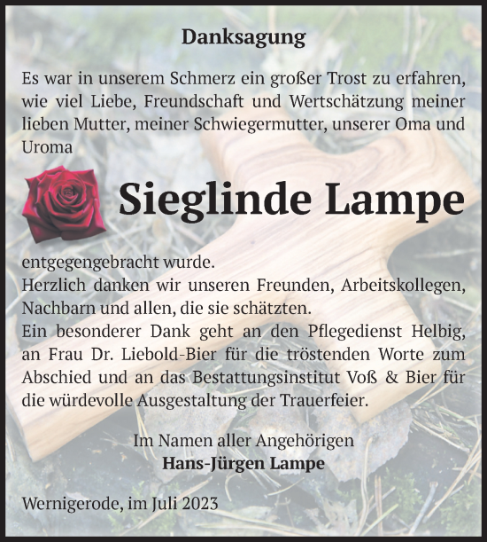 Traueranzeige von Sieglinde Lampe von Volksstimme Wernigerode