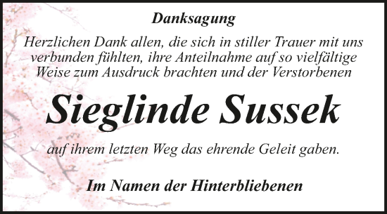 Traueranzeige von Sieglinde Sussek von Trauerkombi Dessau