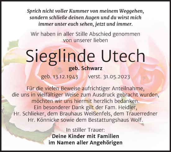 Traueranzeige von Sieglinde Utech von Trauerkombi Weißenfels