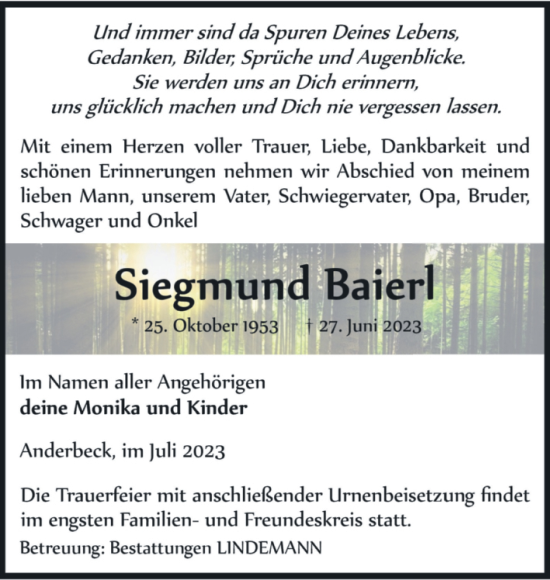 Traueranzeige von Siegmund Baierl von Volksstimme Halberstadt