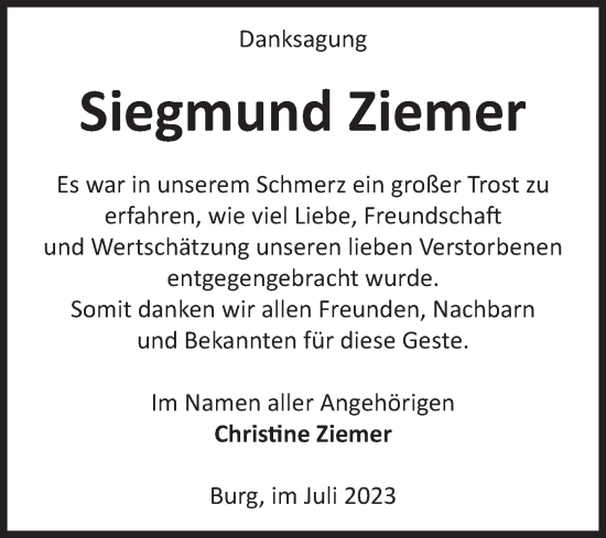 Traueranzeige von Siegmund Ziemer von Volksstimme Burg/Genthin